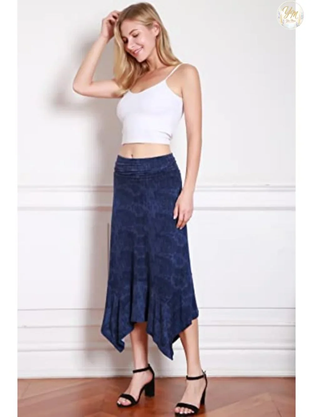 Flowy Handkerchief Hemline Midi Skirt Rayon Blend Elastic Waist